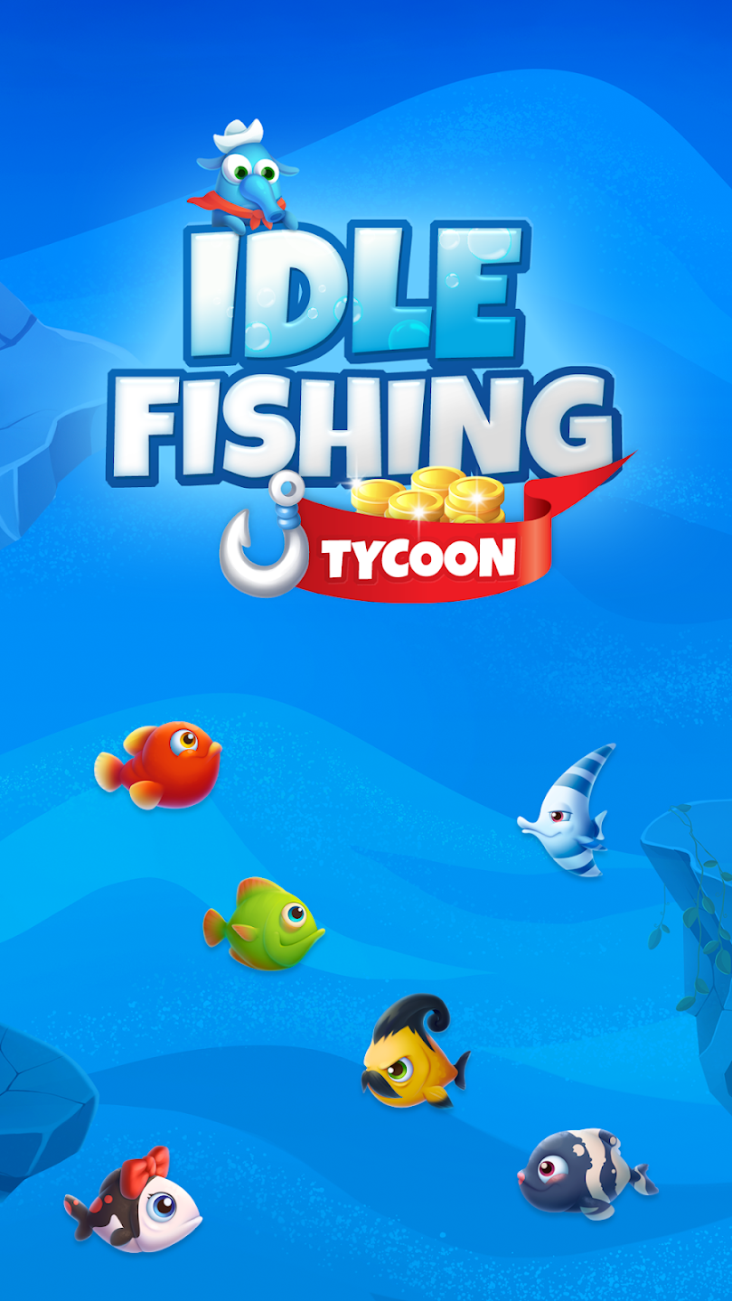 Idle Fishing Tycoon game poster with colorful fish and logo