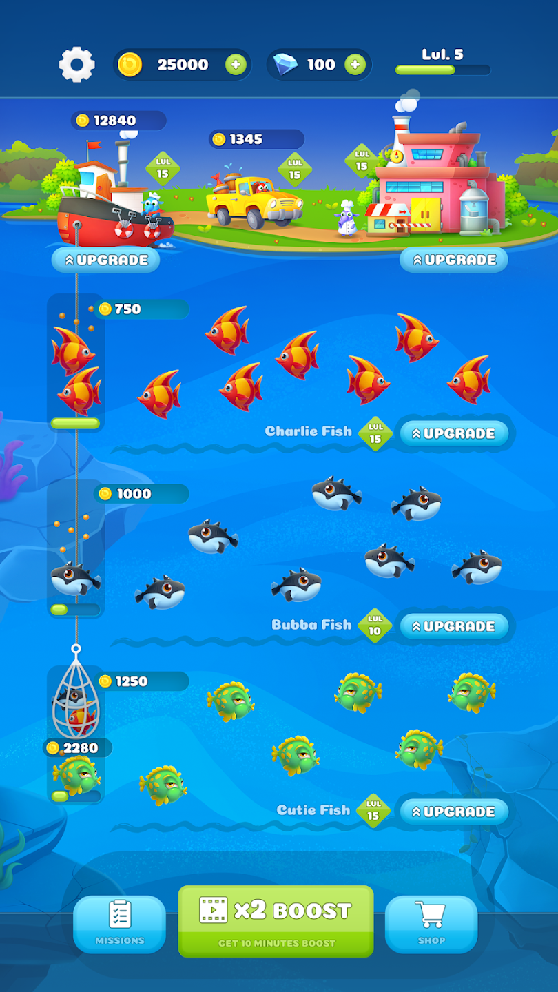 Idle Fishing Tycoon screenshot showing early-game upgrade flow