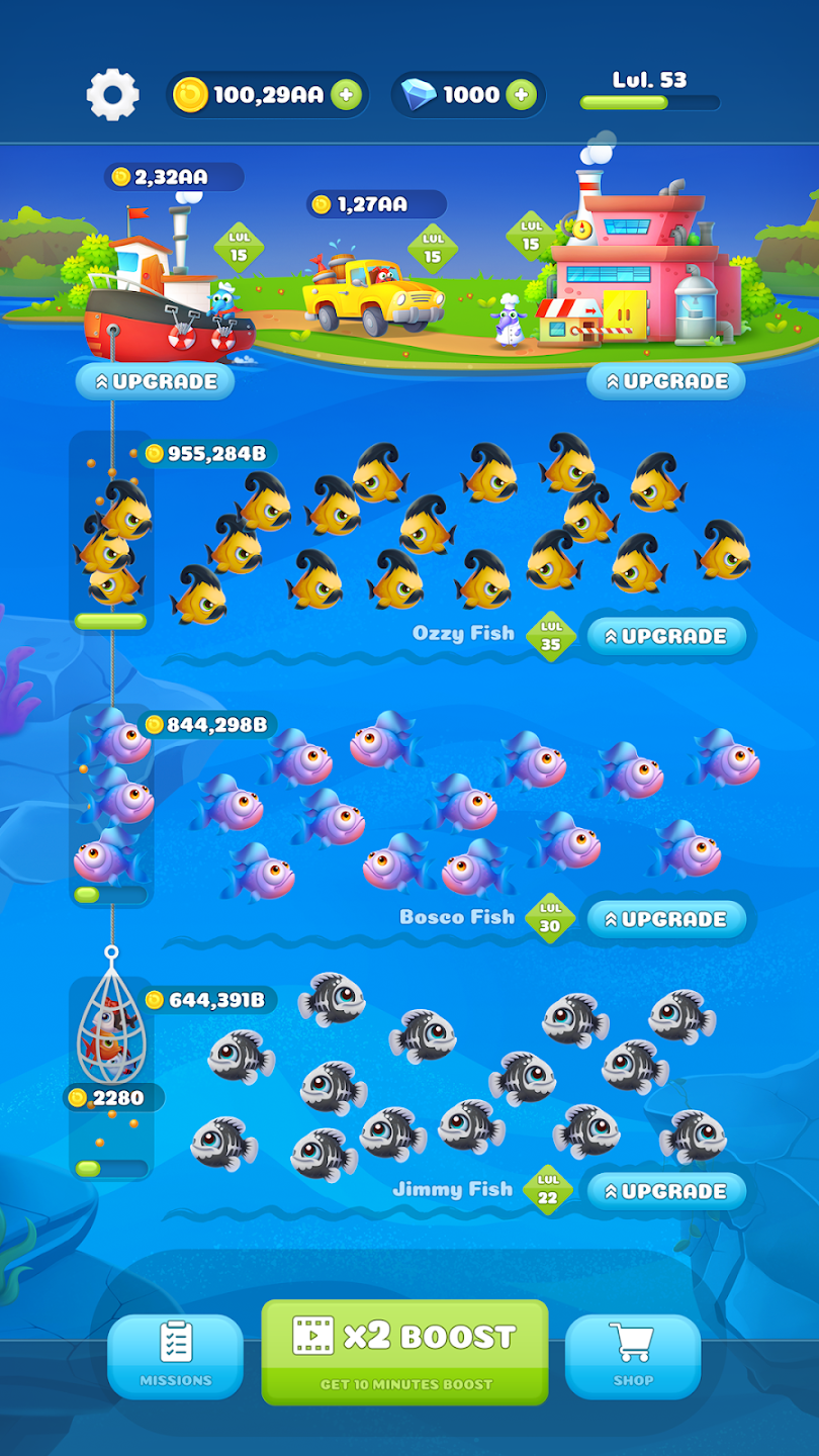 Idle Fishing Tycoon screenshot showing later-stage fish and upgrade options