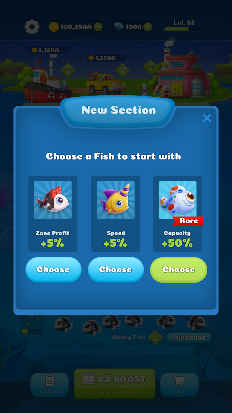 Fish selection screen with profit, speed, and capacity bonuses